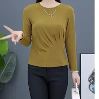 0330早秋新款长袖上衣女T血小衫衬衣气质小衫上衣女显瘦圆领修身