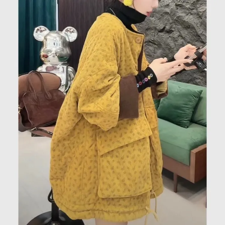 加棉外套女宽松型中长款圆领灯芯绒印花韩版百搭秋冬季新款设计感