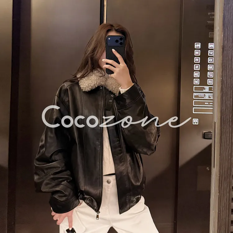 COCO ZONE 刘 一一“查理斯”英国进口100羊皮革翻领皮衣CD2A3282