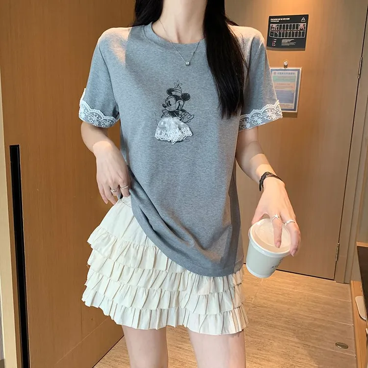 韩系蕾丝卷边短袖T恤女25夏季新款宽松显瘦气质老鼠卡通印花上衣