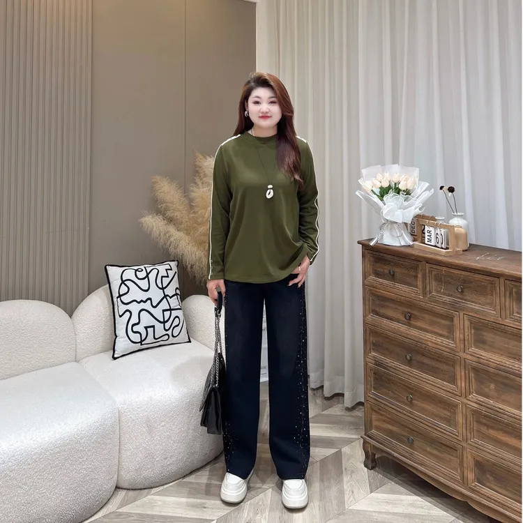 【上新牛仔裤】PMM82356秋冬新款高腰烫钻直筒百搭大码女装牛仔裤