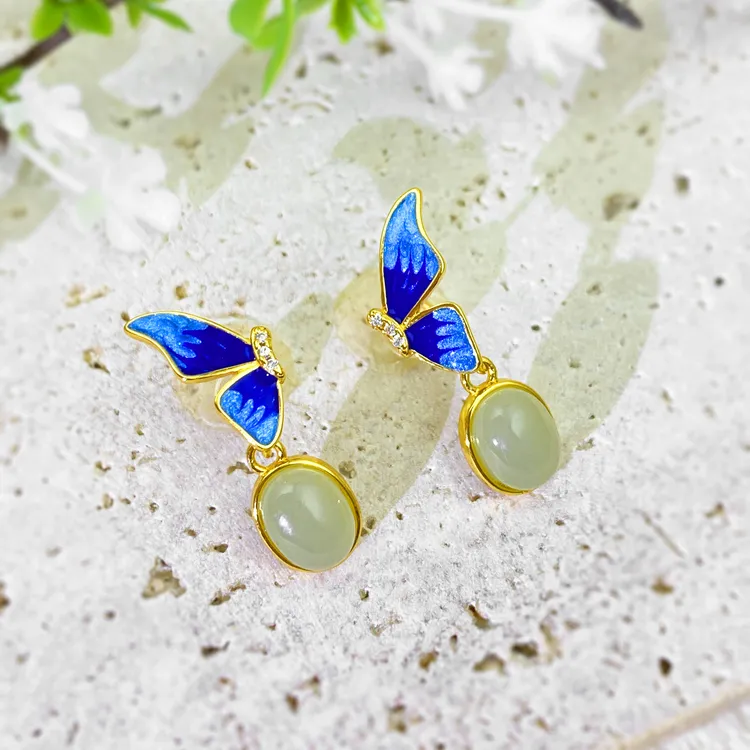 铜合金耳饰 景泰蓝滴秞蝴蝶时尚耳环轻奢新中式复古风格精美耳饰