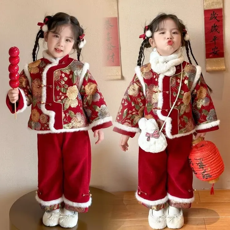 女童冬季拜年服套装2026新款洋气新中式国风抓周生日礼服两件套潮