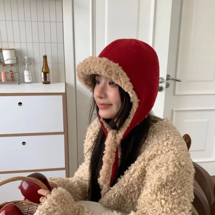 安可拉红雷锋帽女秋冬季保暖显脸小绑带毛绒帽加厚防寒护耳帽子