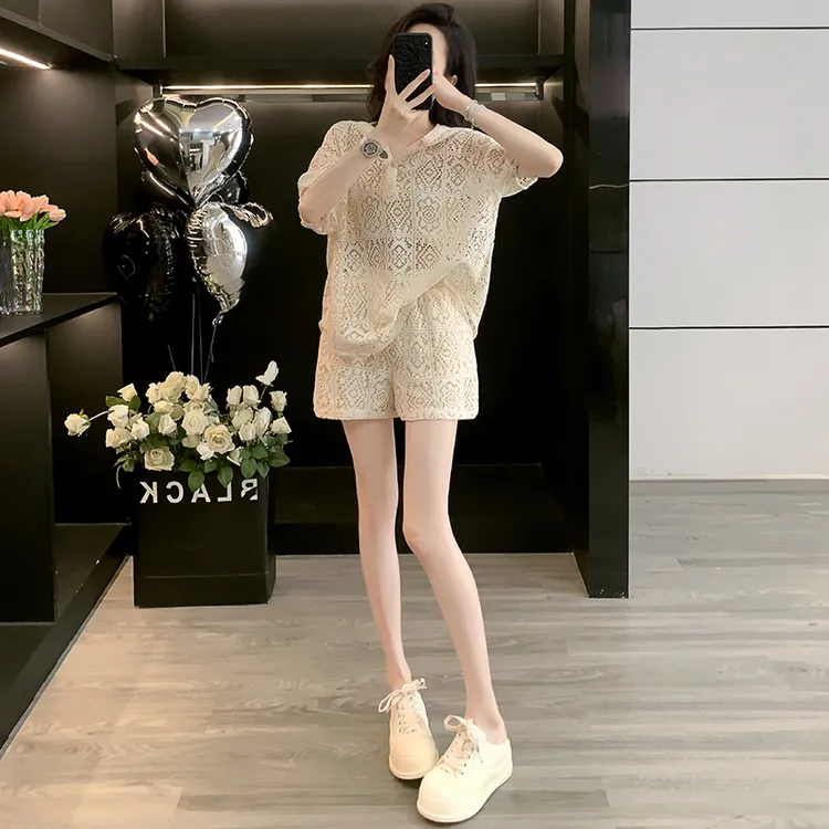 蕾丝镂空连帽上衣短裤两件套夏季新款洋气减龄女神范百搭显瘦套装