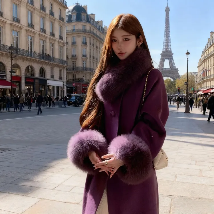 法式复古阔太太穿搭毛呢外套秋冬新款修身百搭型紫色毛呢大衣外套