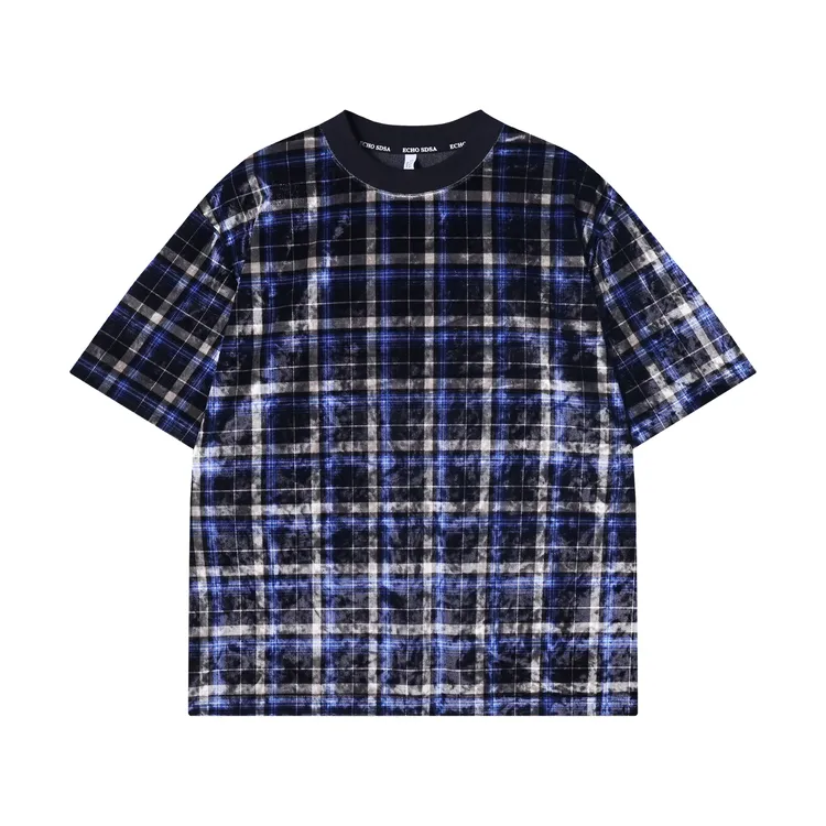 夏季高级感新款韩版撞色条纹格子圆领短袖T恤男士商务宽松上衣