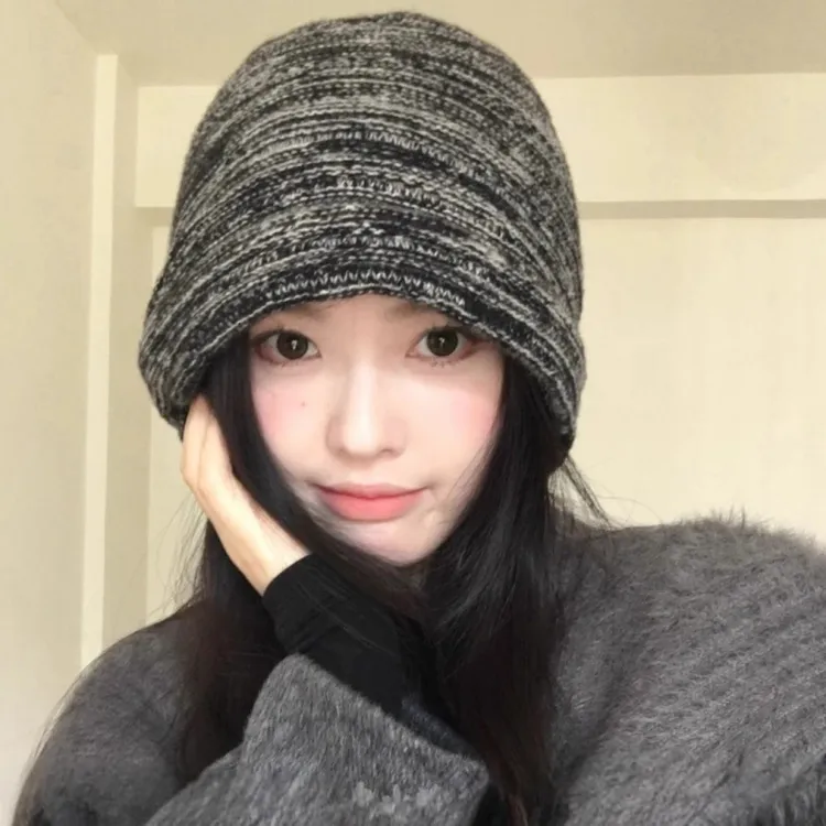 秋冬新款韩版堆堆帽子女条纹款秋冬包帽月子冷帽针织帽女生帽I168