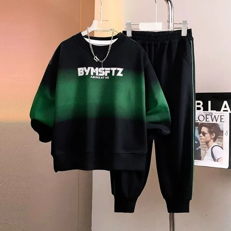休闲春秋冬季2025男套头套装渐变潮流童装卫衣炸街中大童洋气潮流