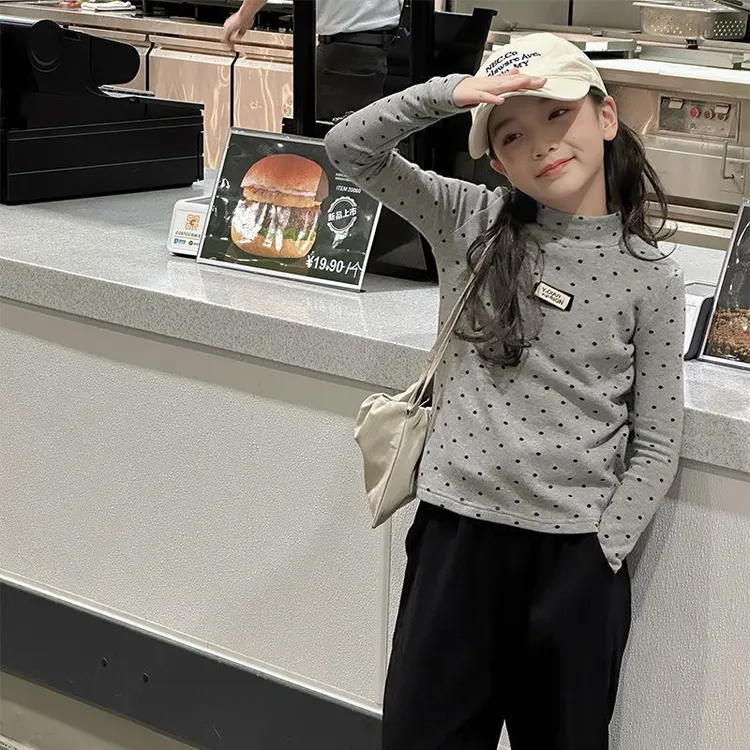 女童纯棉波点打底衫儿童半高衫秋冬百搭内衣宝宝保暖长袖中领T恤