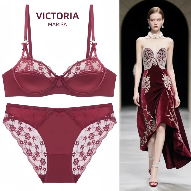 维多利亚法式半杯蕾丝性感内衣女软支撑本命年红色结婚文胸套装