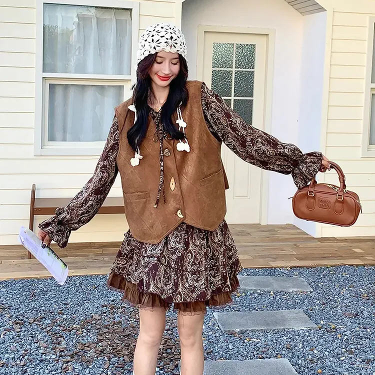 法式美拉德马甲碎花连衣裙套装女2025秋季新款小个子减龄流行裙子