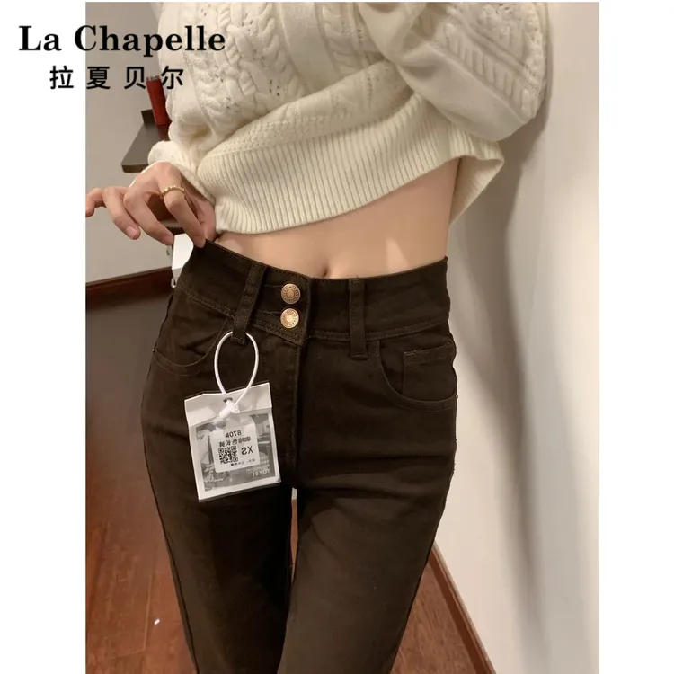 拉夏贝尔咖色加绒微喇牛仔裤女2025秋冬爆款高腰显瘦辣妹喇叭裤子