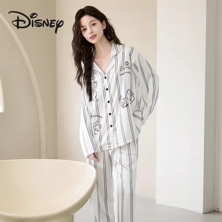 Disney/迪士尼秋季新款条纹长袖女睡衣家居服慵懒风套装