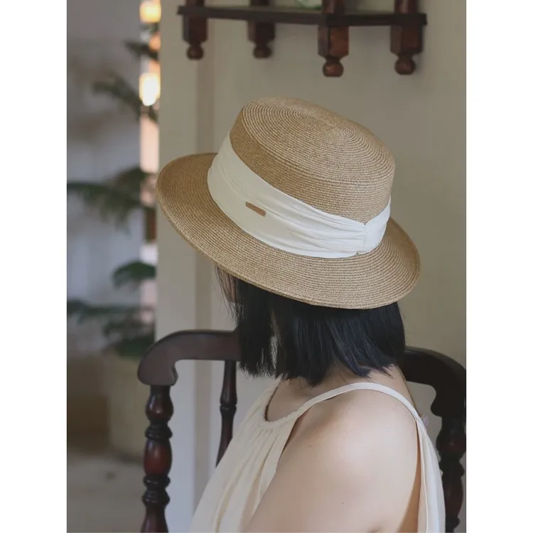 质原生纸平顶草帽休闲草编小礼帽女士夏季旅行遮阳帽