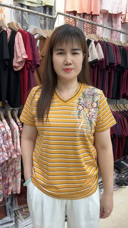 夏季V领休闲女士T恤时尚短袖宽松女款条纹刺绣66261