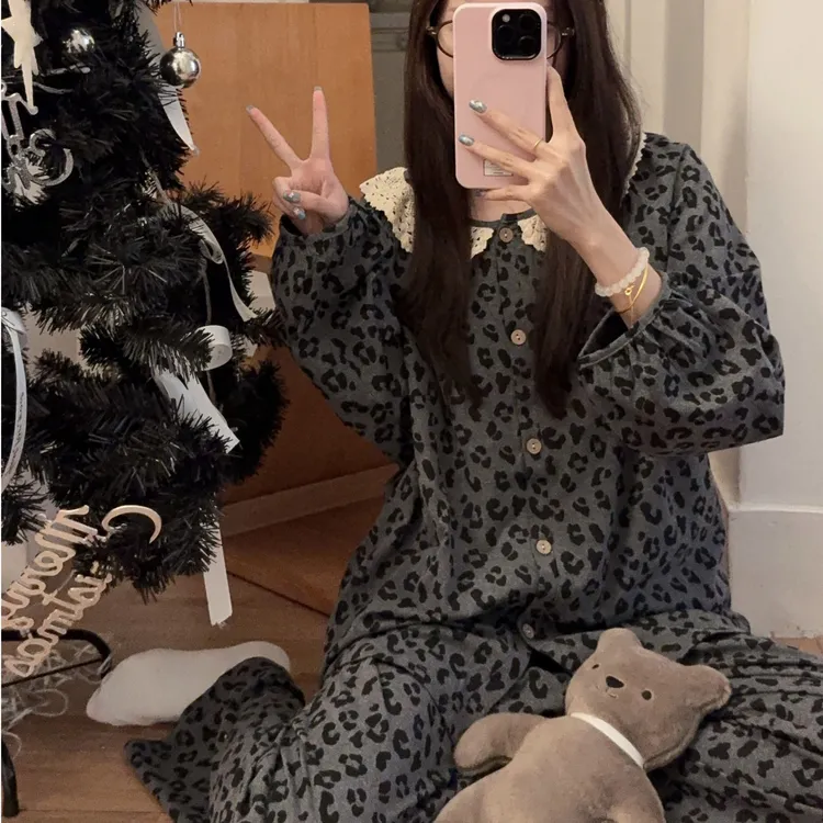 纯棉长袖女款家居服豹纹花边秋季甜美减龄女士睡衣全棉休闲套装薄