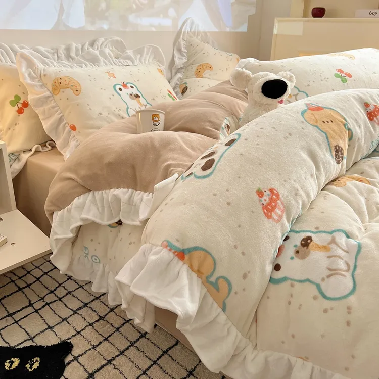 秋冬季INS卡通风纸杯点心狗牛奶绒花边款床上四件套被套床单床笠