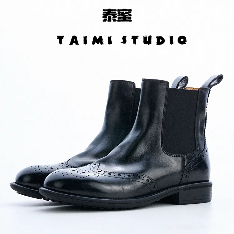 秋冬新款纯手工雕花黑色真皮切尔西马丁靴冬季低跟中筒靴子英伦风