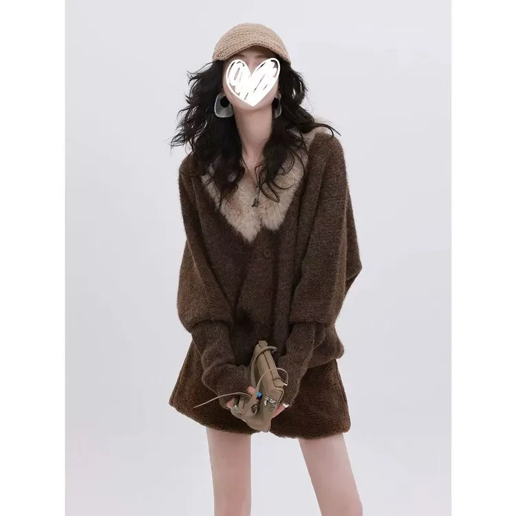 美拉德风大毛领针织开衫女2025秋冬新款蝙蝠袖慵懒洋气毛衣