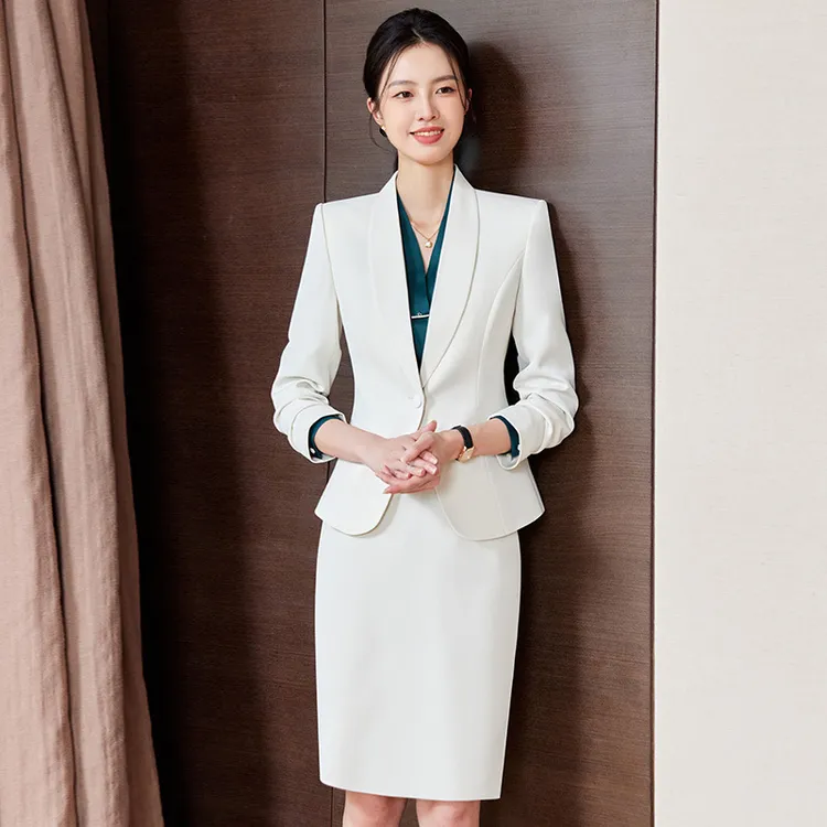 职业套装女春秋气质时尚奶白色西装套裙美业咨询师主持人工作服