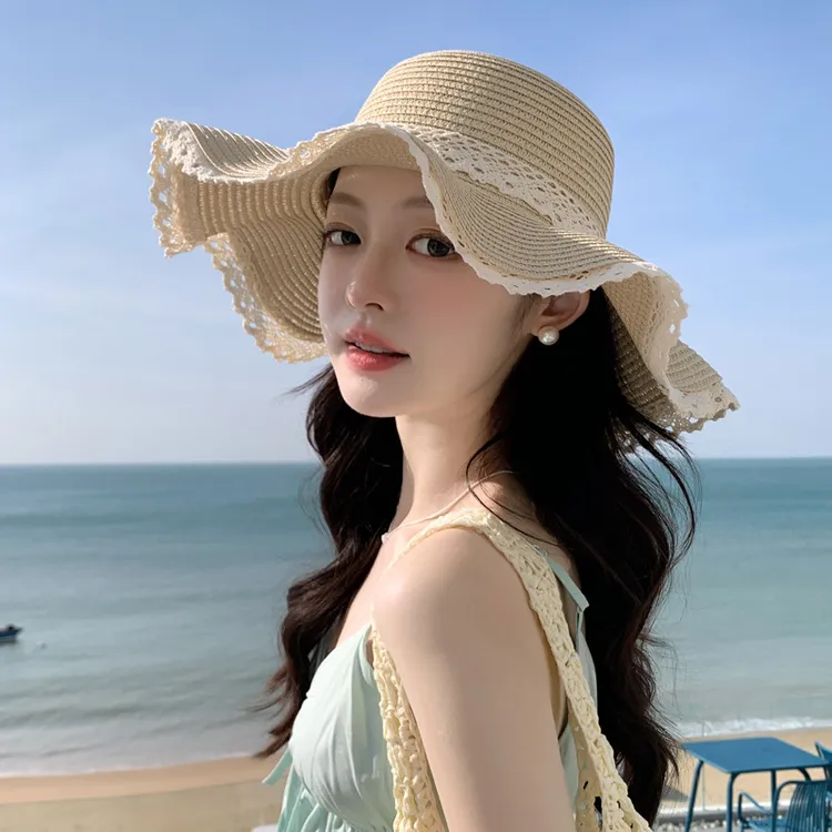 法式波浪花边沙滩海边草帽女蝴蝶结大帽檐出游度假夏季防晒太阳帽