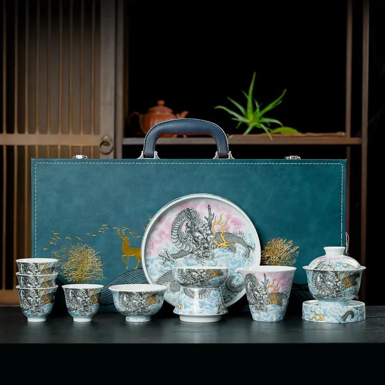 景德镇仿古茶杯粉彩墨龙纹中式海茶陶瓷套组功夫茶具墨龙茶具套装