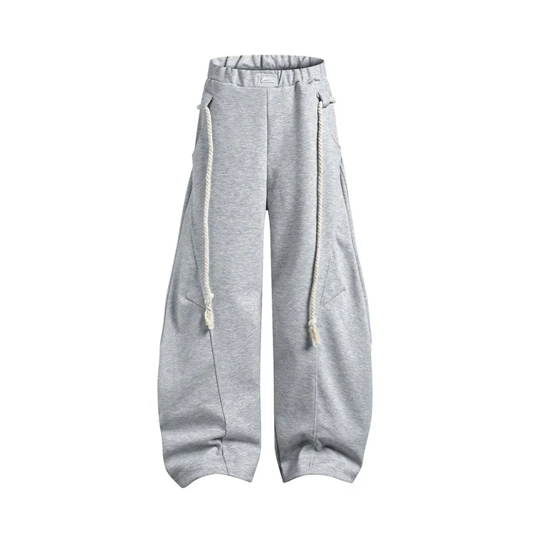 日系休闲宽松运动风系带弯刀长裤韩国潮流立体裁剪纯色卫裤男女