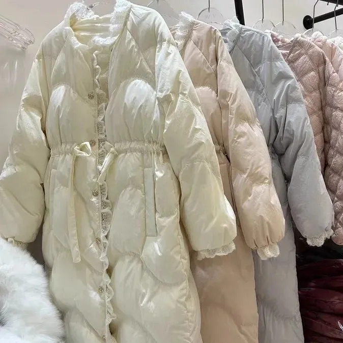 长款加厚蕾丝边小羽外套冬季节保暖淑女温柔气质女生韩版洋气时尚