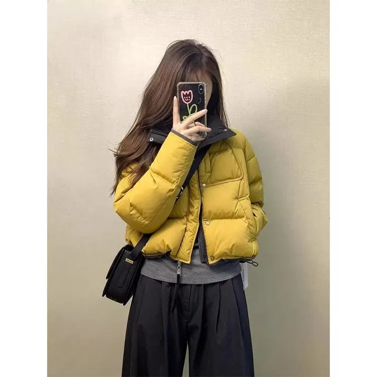 欧货高端黄色撞色羽绒服女冬季小个子时尚保暖短款白鸭绒面包服