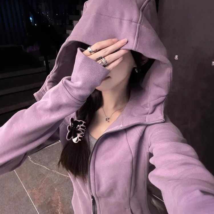 紫色lulu修身卫衣外套女2025新款秋冬开衫连帽瑜伽服韩系运动上衣