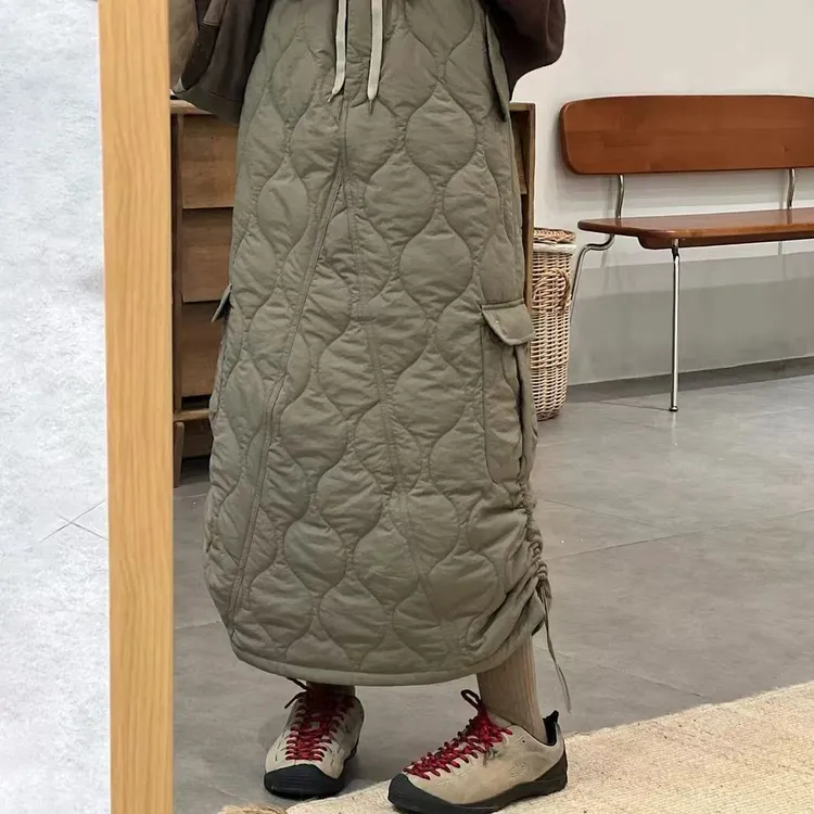 大码爆款高腰a字半身裙机能风绗缝菱格2025冬季新款加厚工装长裙