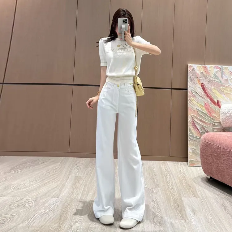 白色窄版阔腿牛仔裤女靴裤2025爆款宽松显瘦洋气炸街拖地裤长裤子