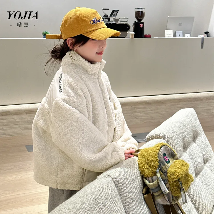 YOJIA女童加绒外套秋冬款洋气中大童羊羔绒上衣加厚保暖儿童冬装