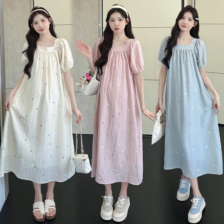 2025孕妇装有腰带中长款连衣裙夏装新款刺绣碎花裙孕妇连衣裙