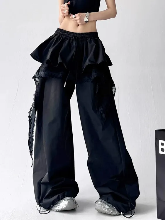 美式设计感蕾丝拼接屁帘休闲裤女2025春夏新款小众宽松辣妹工装裤