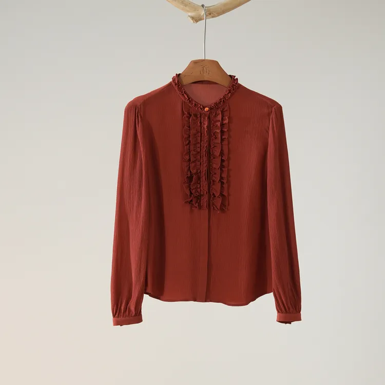 西子/【塞纳河畔】16MM桑蚕丝顺纡绉立领木耳边优雅衬衣/SYXS0374