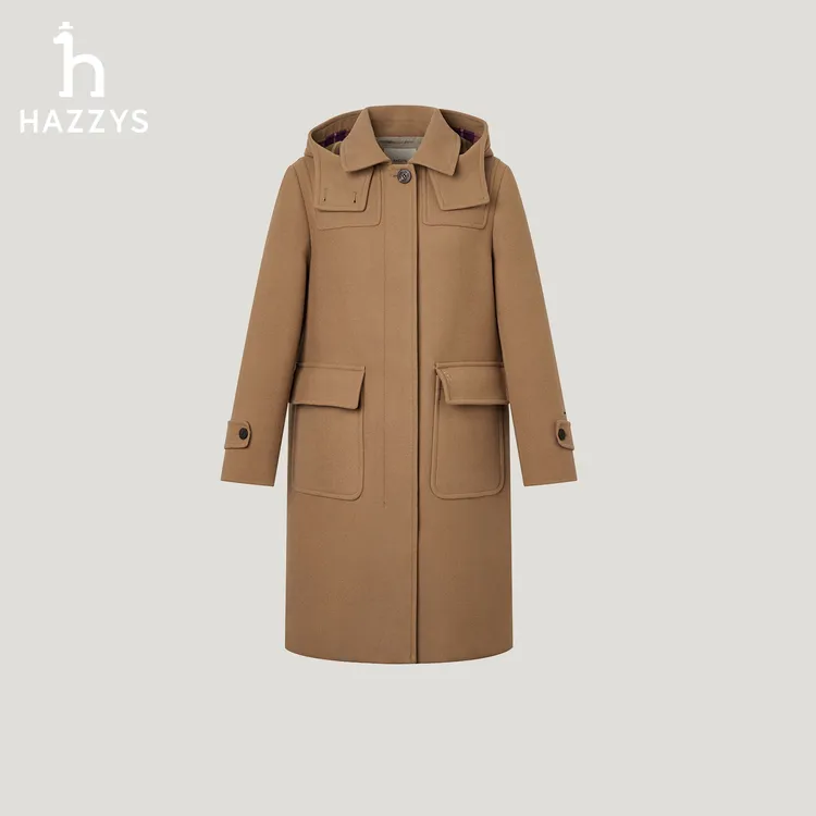 【商场同款】HAZZYS哈吉斯女士冬季长款毛呢外套时尚休闲羊毛大衣