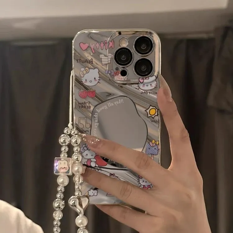 SMBLCE蝴蝶结KT猫挂链适用苹果15/16pro波纹镜面14手机壳iPhone13