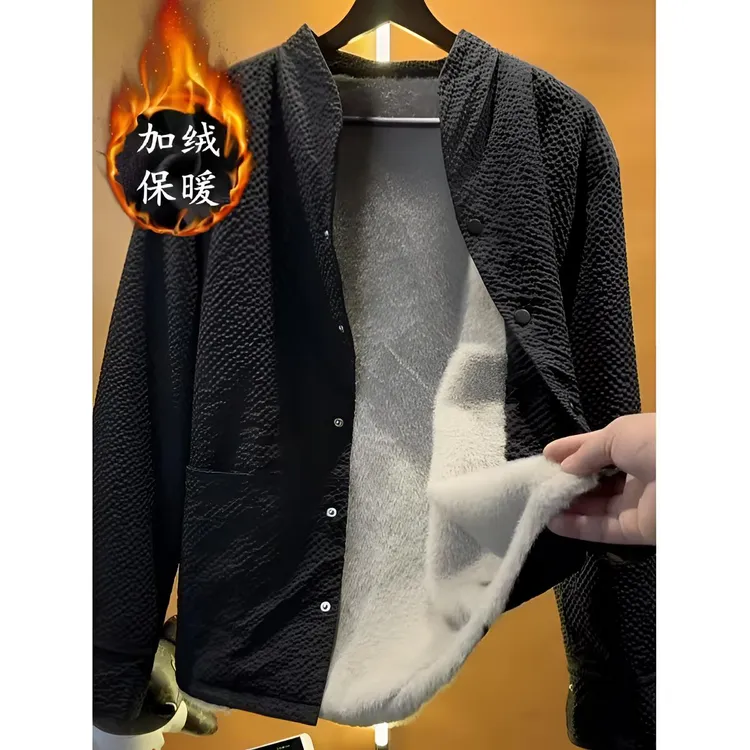 男士冬季泡泡纱时尚加绒座山雕保暖夹克潮流休闲老钱风防寒外套