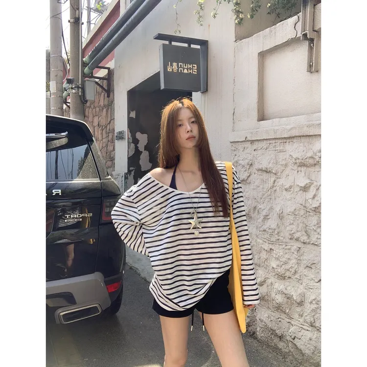 两件套防晒罩衫女夏日ootd穿搭2025新款长袖t宽松条纹斜肩上衣
