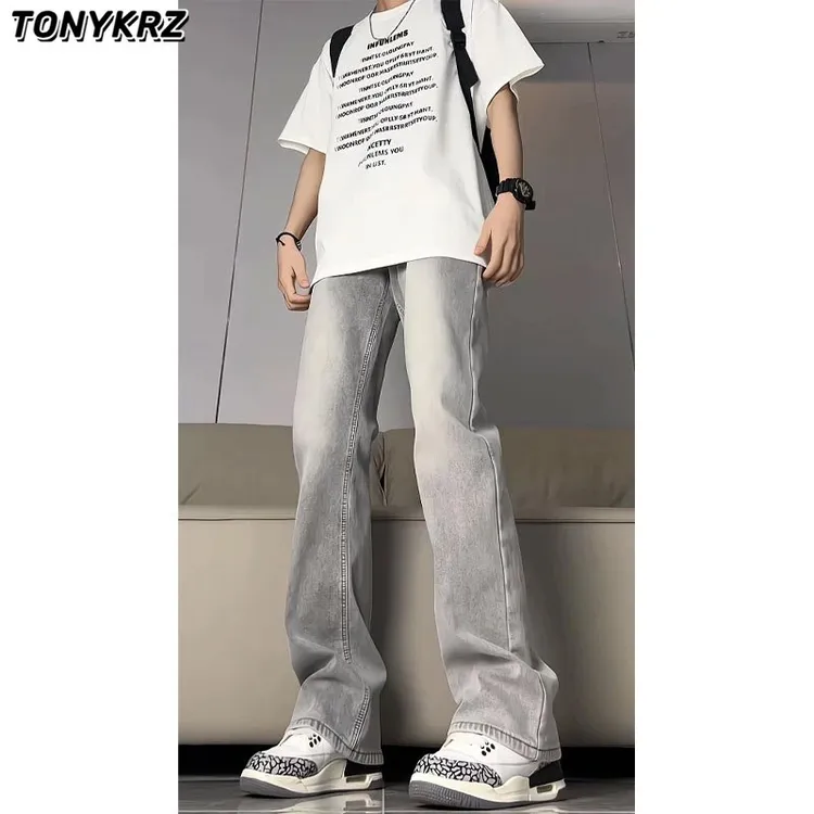 TONYKRZ水泥灰微喇牛仔裤男复古百搭裤子vibe潮牌弯刀直筒微辣裤