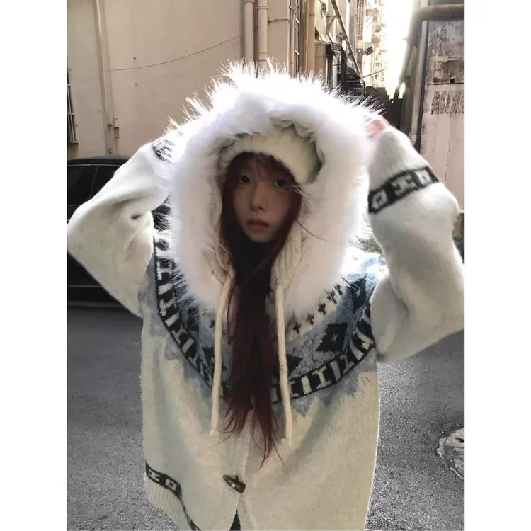 美式慵懒风毛领连帽毛衣开衫男女秋冬费尔岛针织衫软糯牛角扣外套
