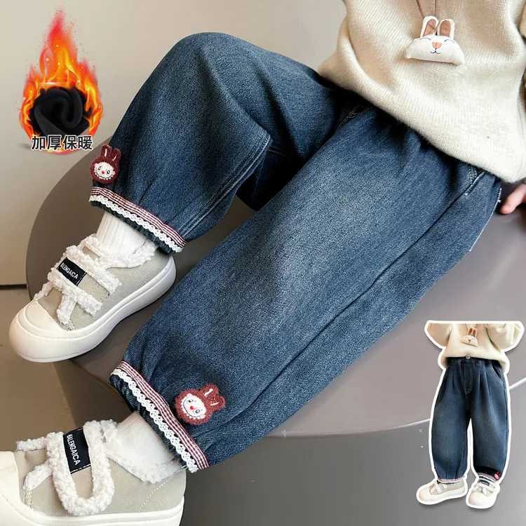 女童加绒牛仔裤加厚一体绒儿童灯笼裤子小女孩宝宝秋冬装2025新款