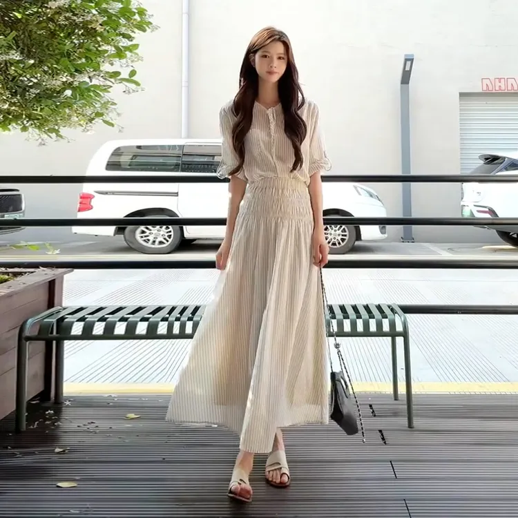 韩系条纹衬衫连衣裙子女夏季2025新今年流行收腰显瘦套装长裙4664