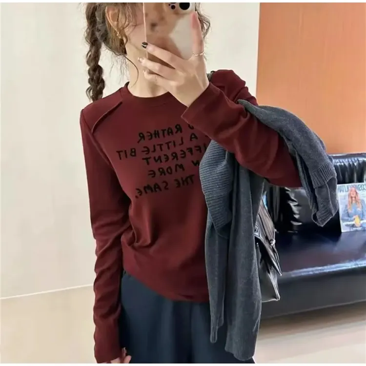 秋冬新款大码9087加绒上衣长袖设计感明线圆领直筒内搭打底衫