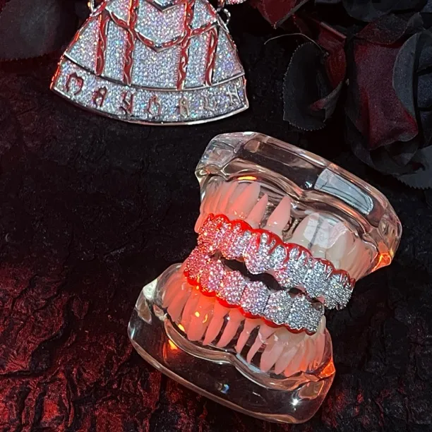 铜合金锆石吊坠 RESPECT 通用版钻牙套8颗红色火焰牙饰嘻哈潮流