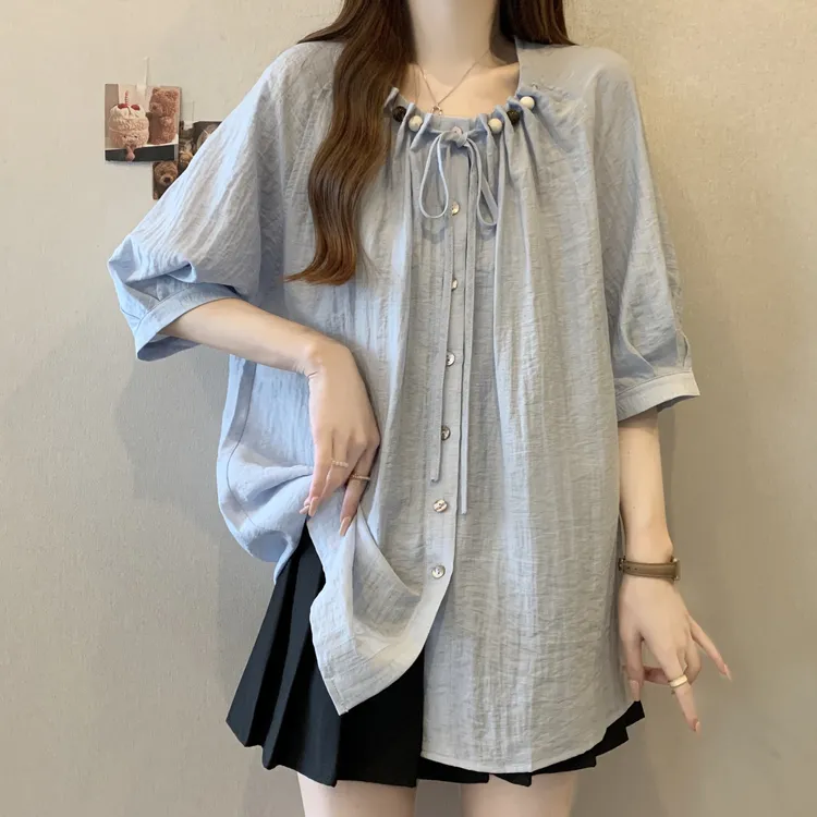 胖mm夏季新款大码串珠圆领宽松短袖衬衣女遮肚子藏肉显瘦减龄上衣