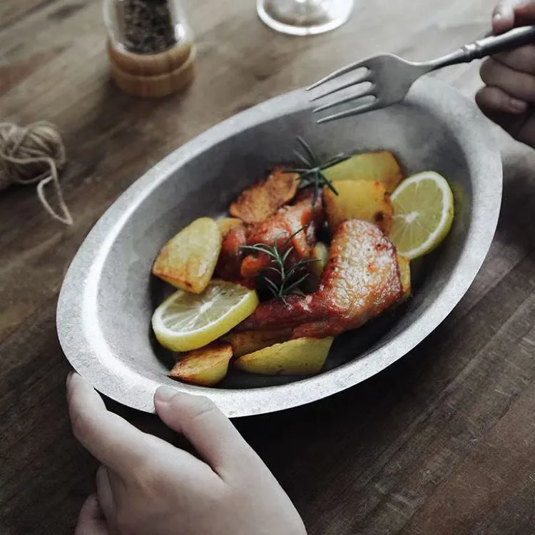 【餐具美学】做旧雪花复古元宝盘18-10特厚不锈钢菜盘水果沙拉餐盘