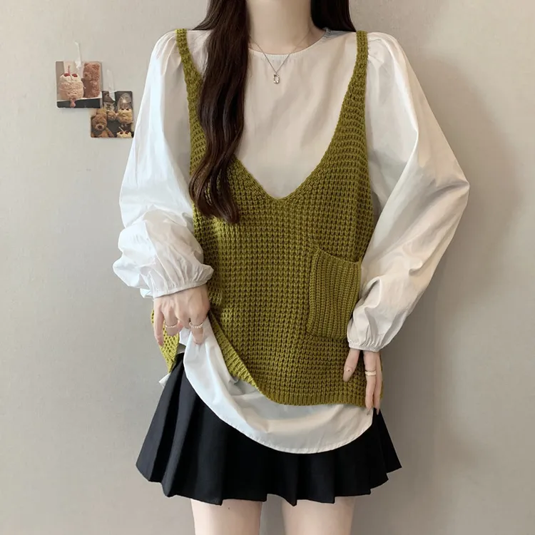 大码胖mm韩系慵懒风圆领长袖衬衫女秋季外搭针织马甲背心上衣套装